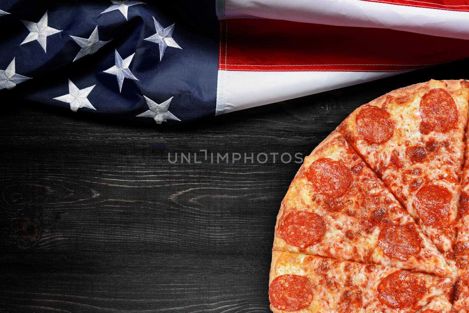 American flag and pizza with place for text