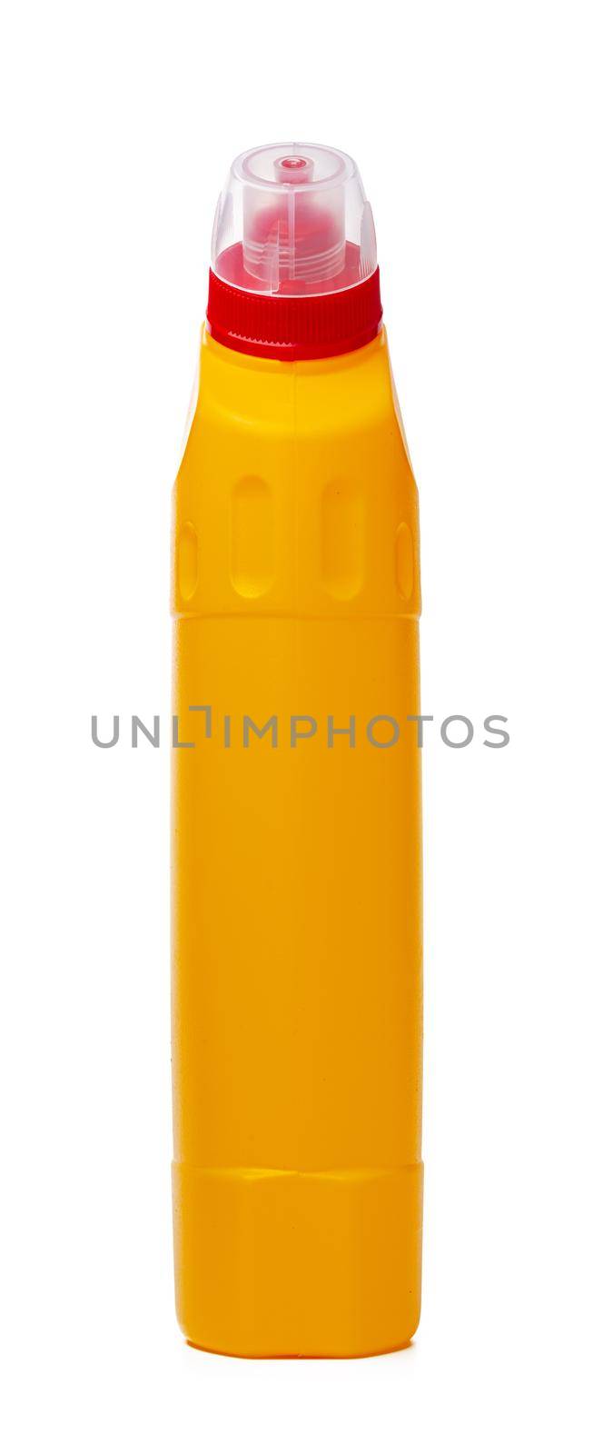 Orange plastic bottle of liquid detergent isolated on white background