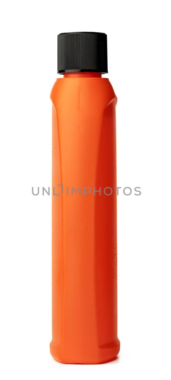 Orange plastic bottle of liquid detergent isolated on white background