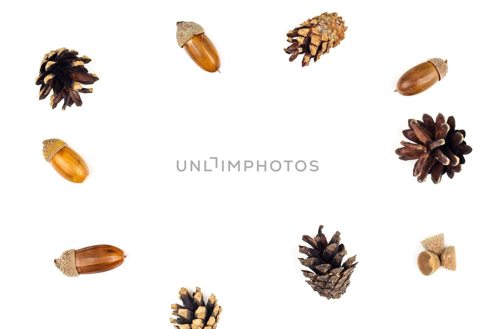 Autumn composition, frame made of pine cones, acorns and chestnuts. Flat lay, top view