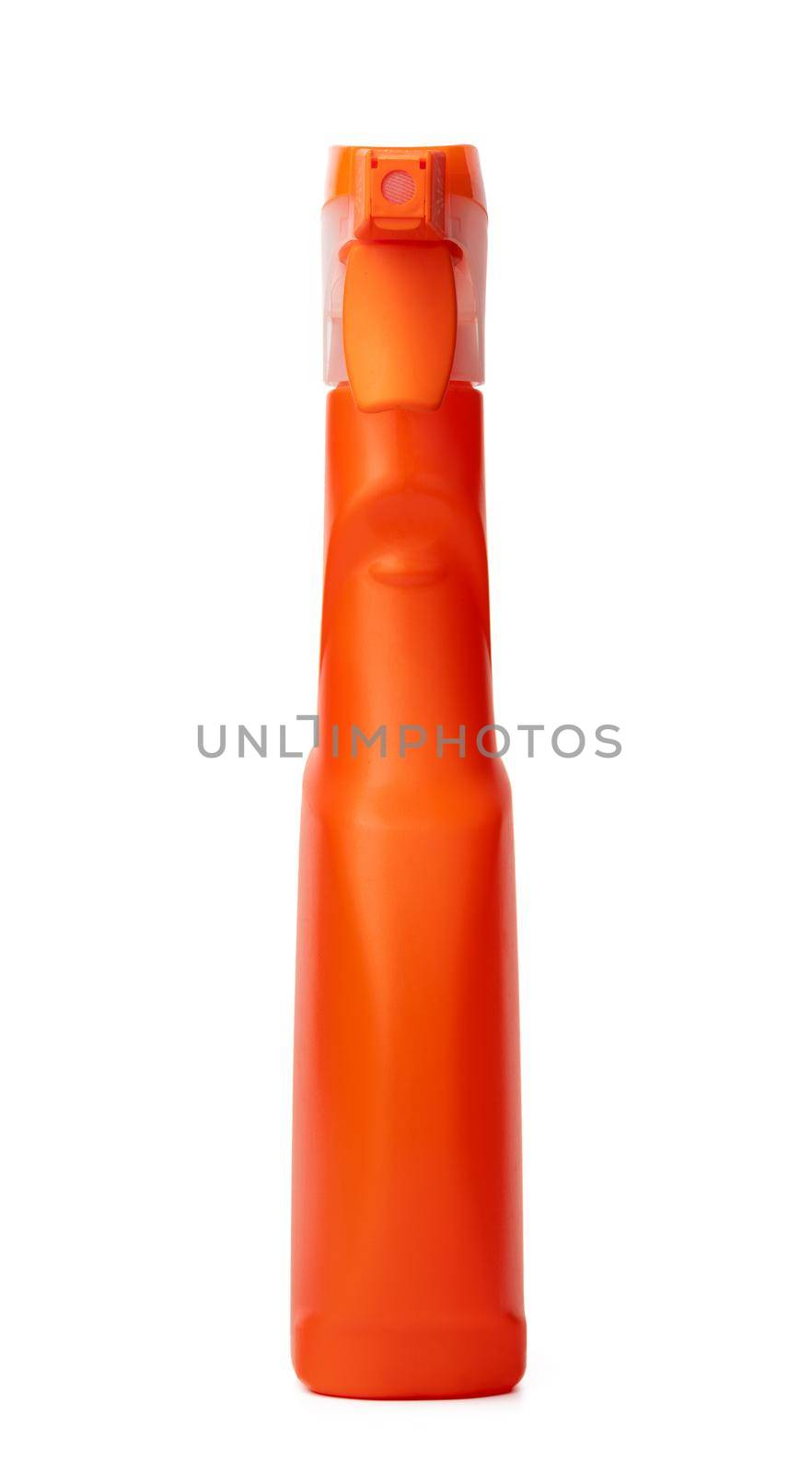 Orange plastic bottle of liquid detergent isolated on white by Fabrikasimf