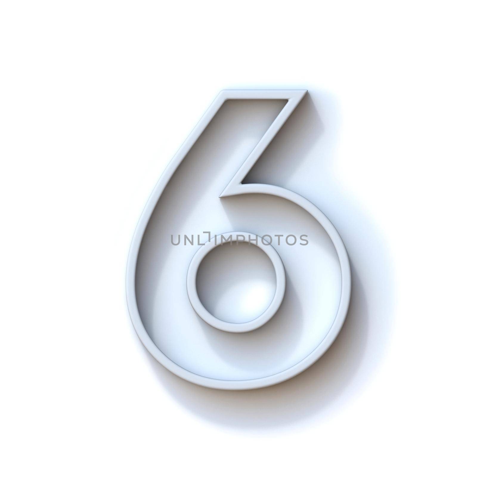 Grey extruded outlined font with shadow Number 6 SIX 3D rendering illustration isolated on white background