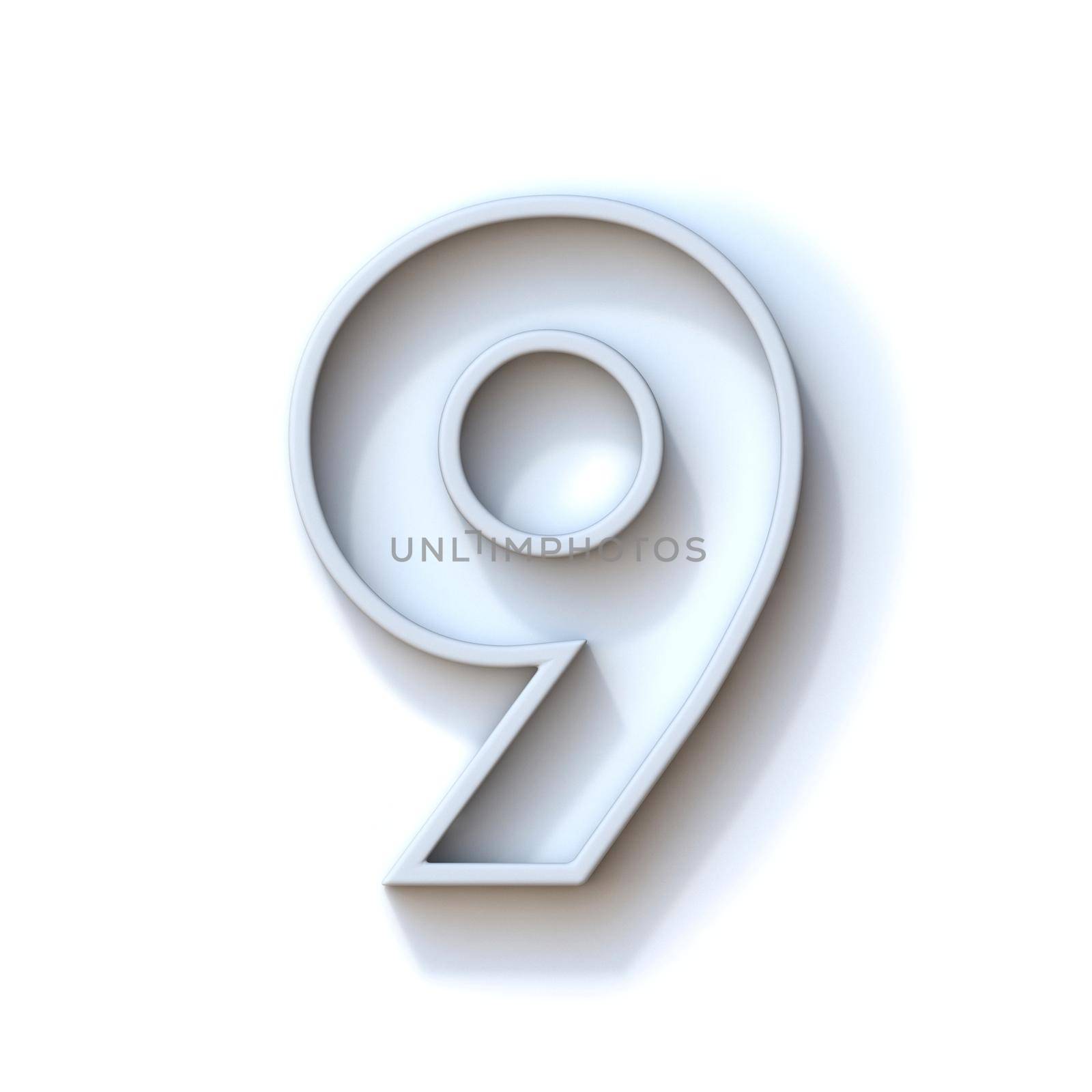 Grey extruded outlined font with shadow Number 9 NINE 3D rendering illustration isolated on white background