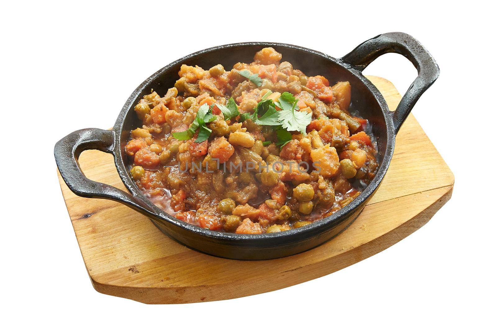 Overhead  shot of Vegetable baked in little pan. Isolated on white with clipping path