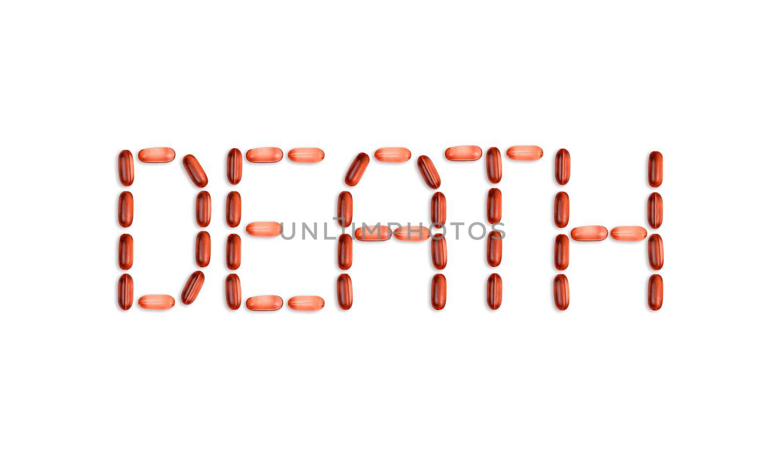 The word Death is laid out with pills. The word Death is laid out with gel pills on a white background with copy space for text.