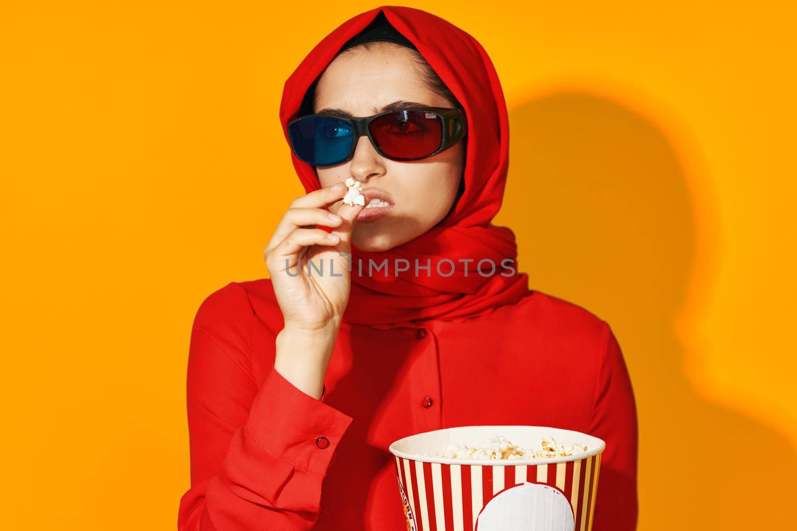 cheerful woman virtual reality movie fashion fun movie isolated background. High quality photo