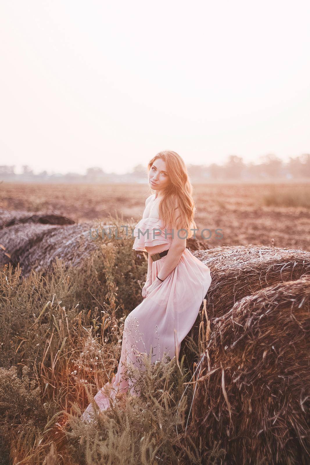 Beautiful romantic model girl outdoors dressed in tender long dress in the field in sunset light. Wind blowing long hair. Glow Sun, Sunshine. Backlit. Toned in warm colors.