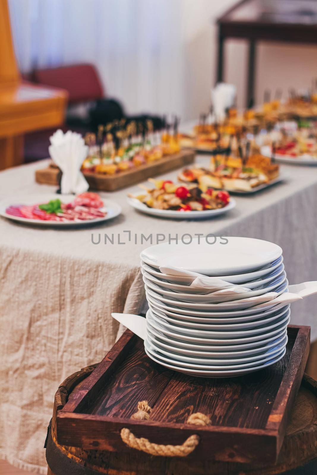 Catering table set service at restaurant before party.