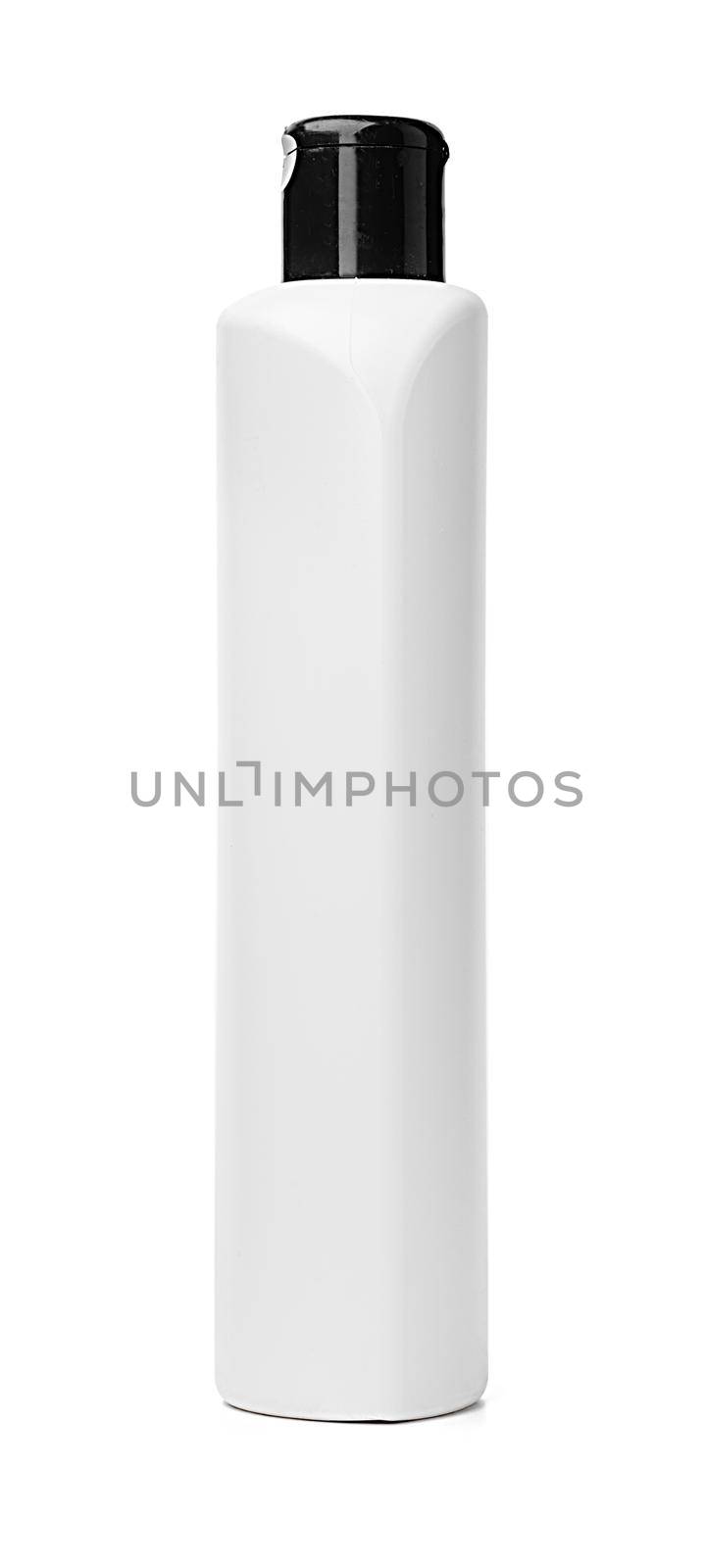 White plastic bottle of washing liquid isolated on white background, close up