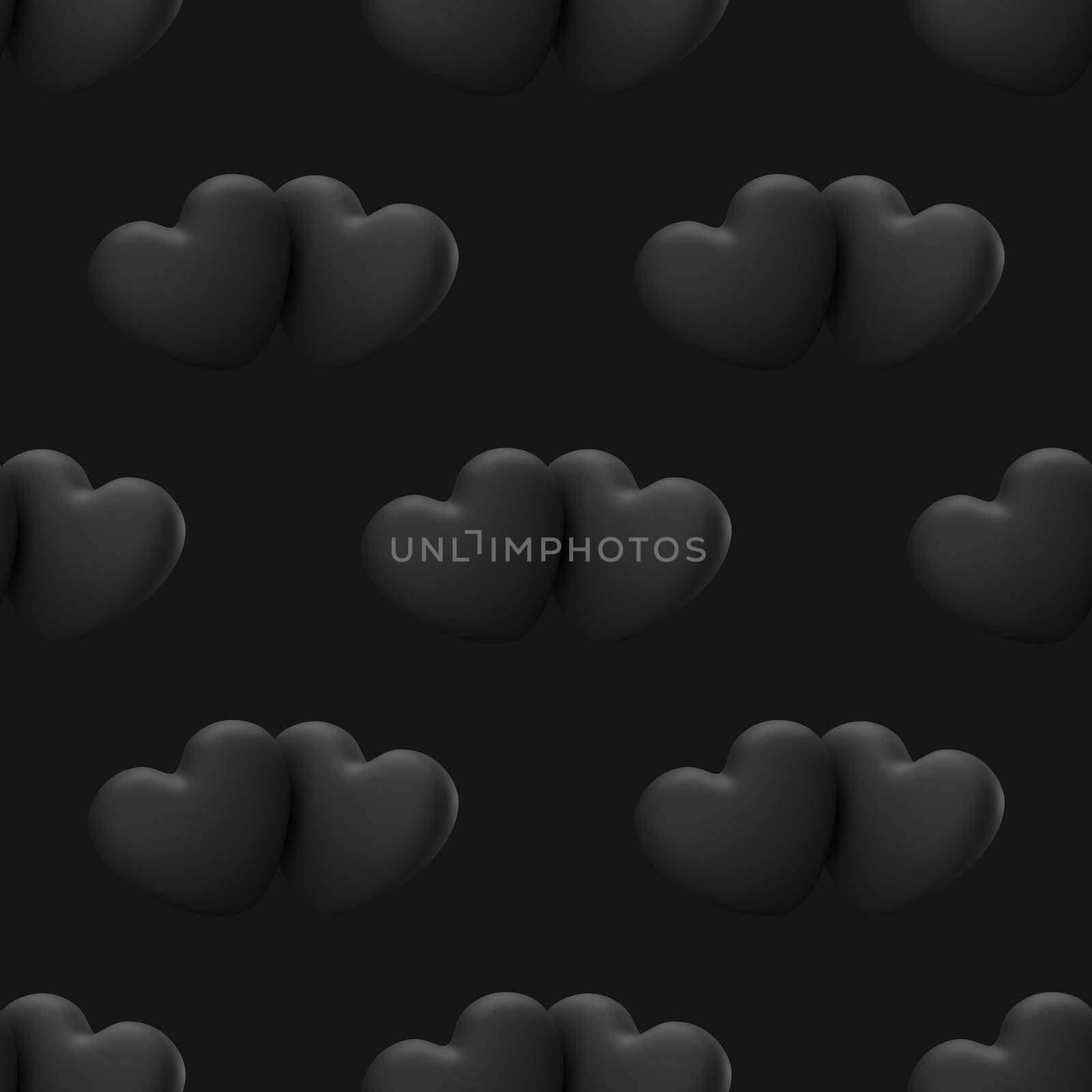 Seamless pattern with couple black 3d hearts. Love seamless pattern. Pattern to valentines day or wedding. 3d rendering