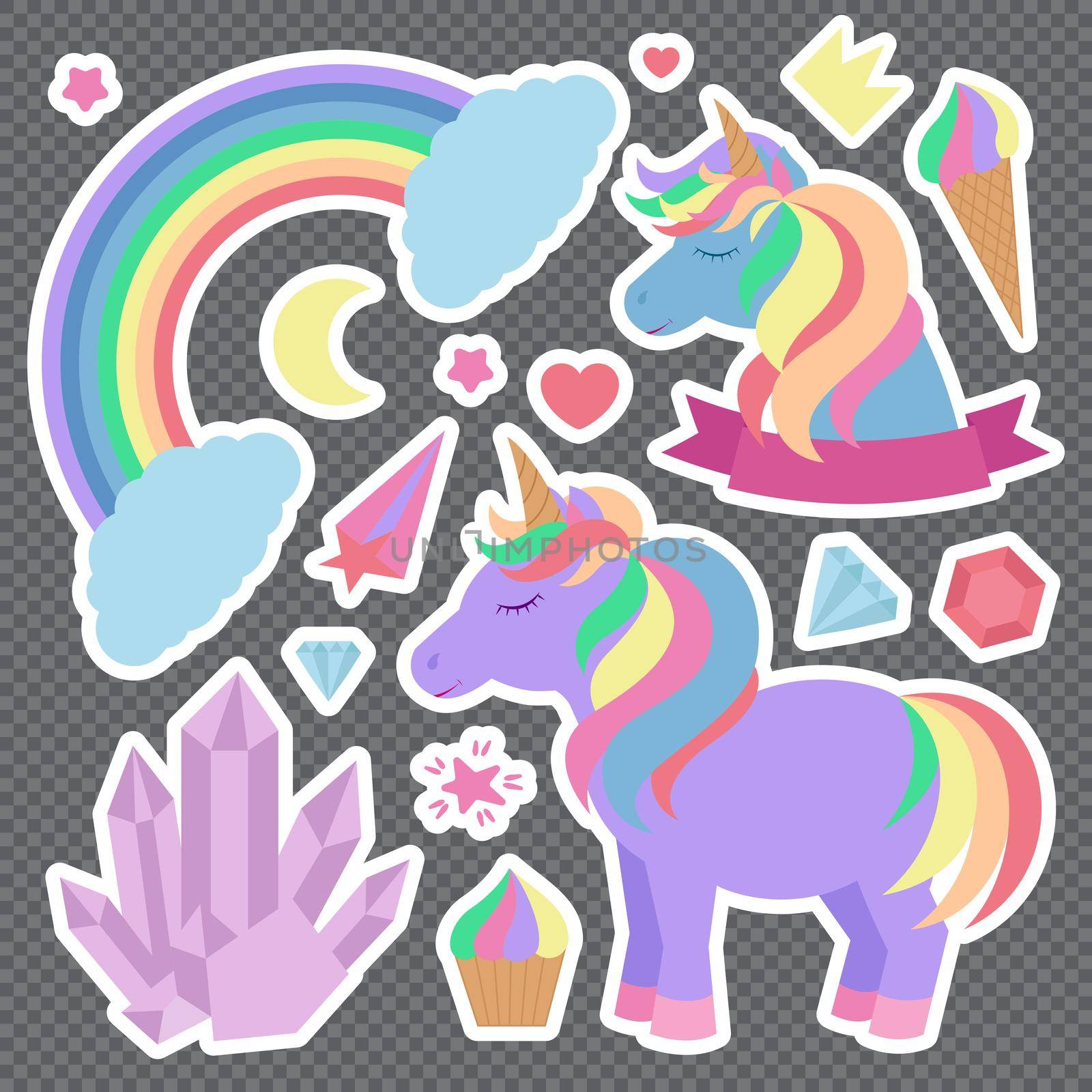 Cute unicorns and other elements. Set of stickers on background.