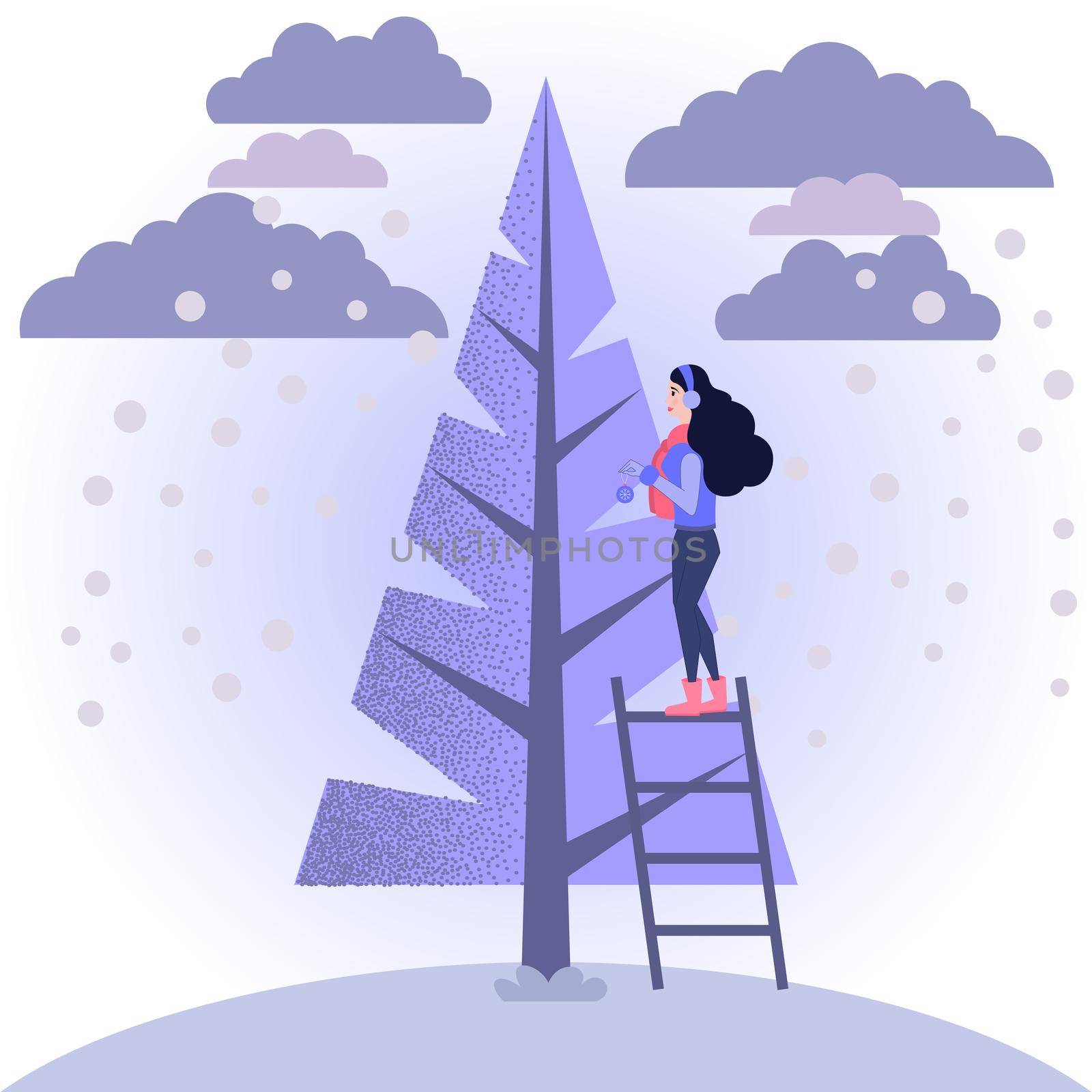 Girl decorates Christmas tree. illustration in flat style by Marin4ik