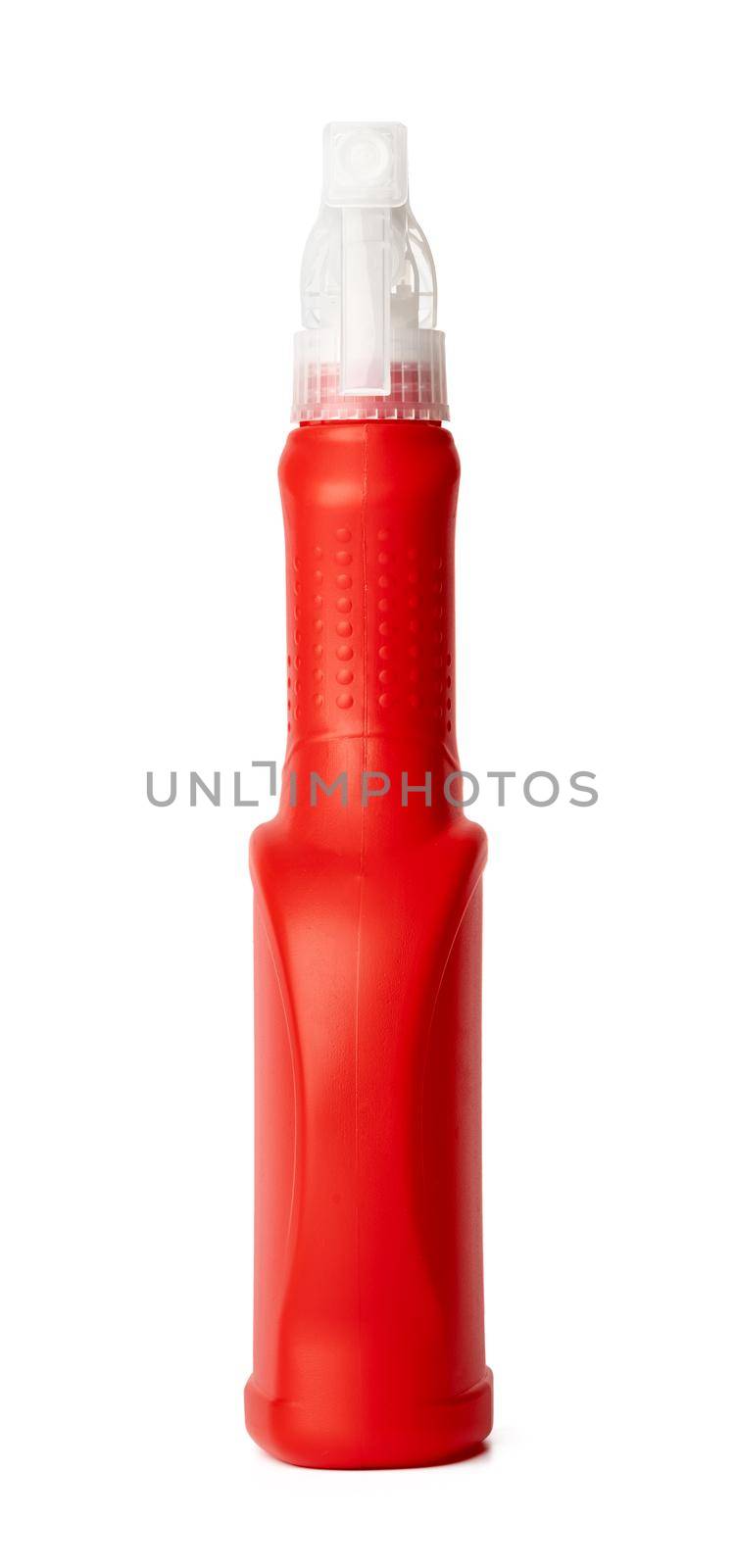 Orange plastic bottle of liquid detergent isolated on white background