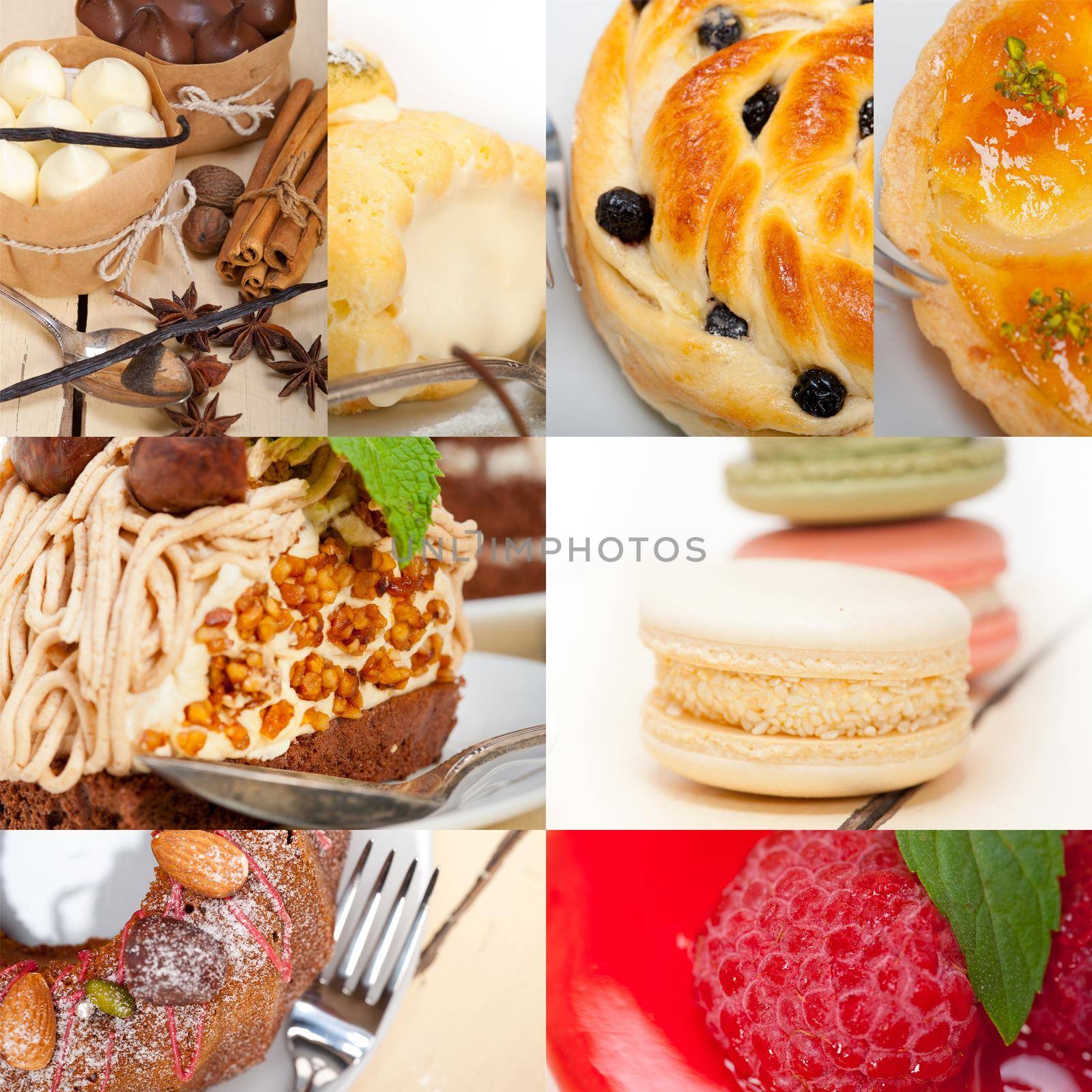 fresh colorful delicious homemade dessert cake selection composition collage 