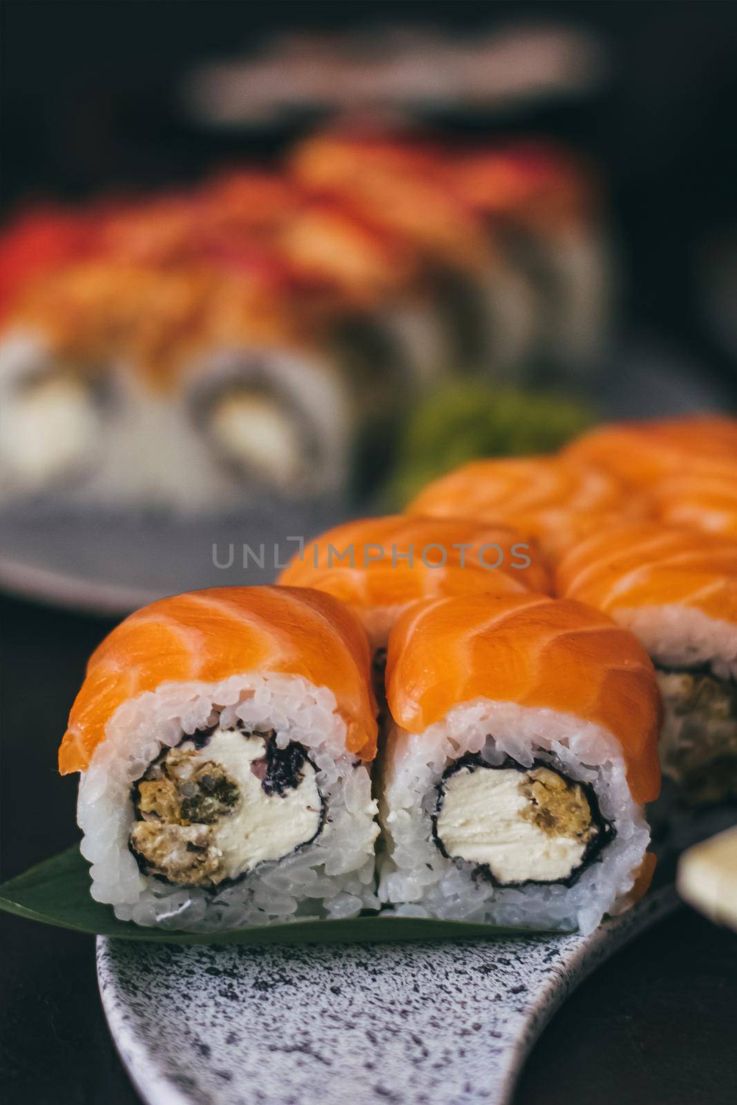 Sushi with salmon, cream cheese Philadelphia, cucumber and wasabi by mmp1206