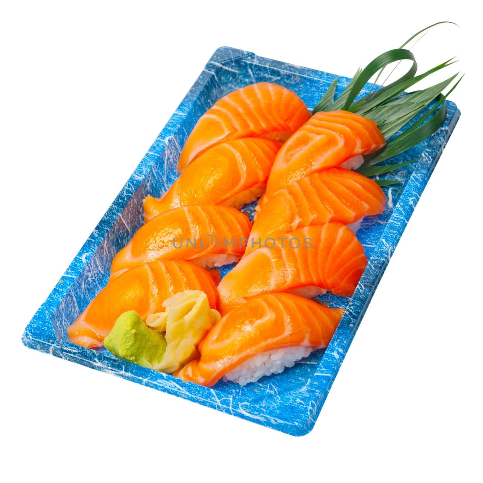 take away selection of fresh sushi express on plastic tray 