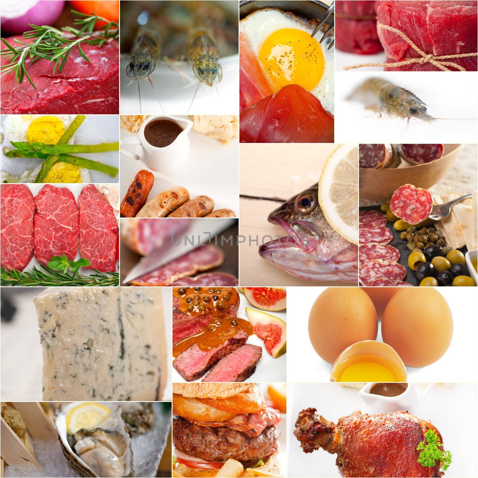 high protein food collection collage nested on white frame