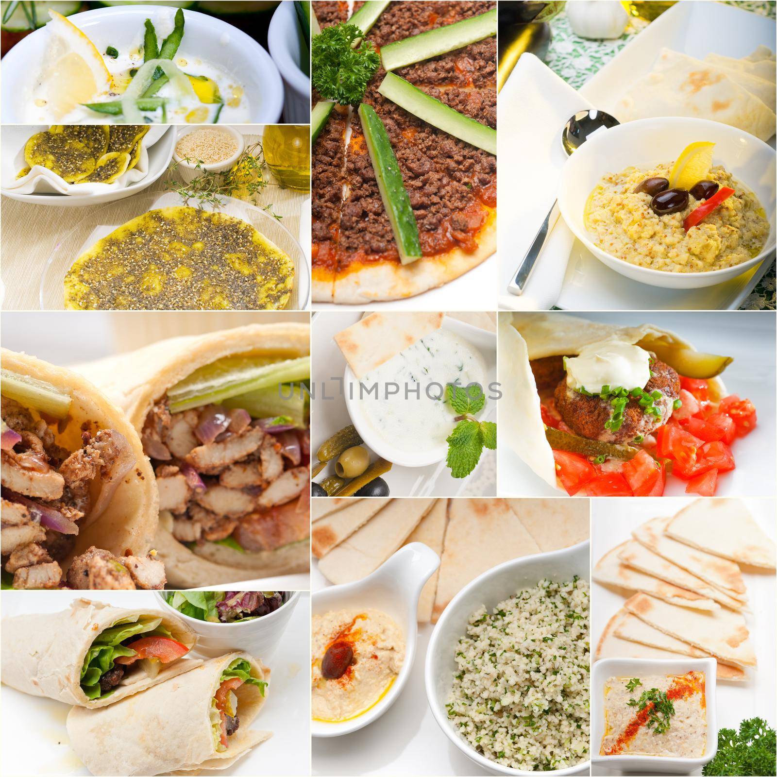 Arab middle eastern food collage collection on white frame