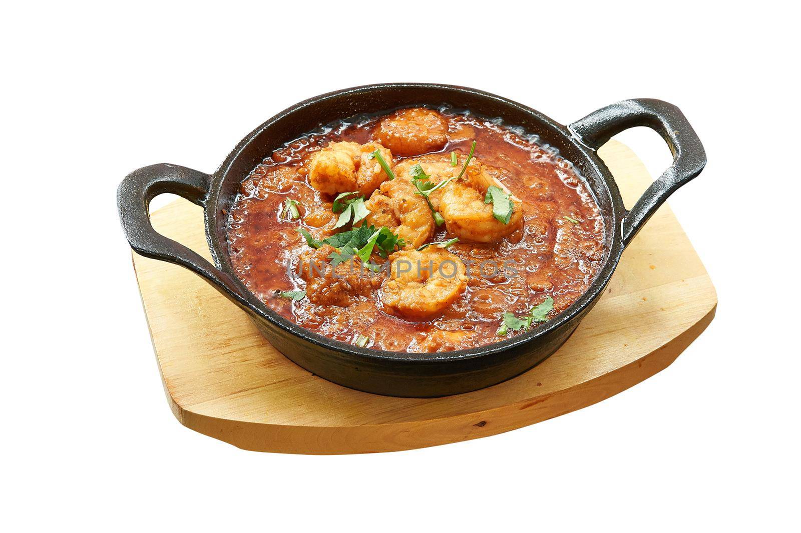 Overhead  shot of Scampi baked in little pan. Isolated on white with clipping path