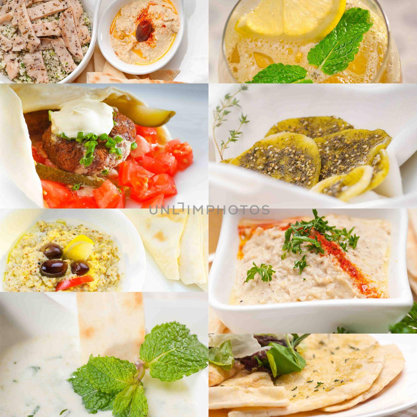 Arab middle eastern food collage collection on white frame