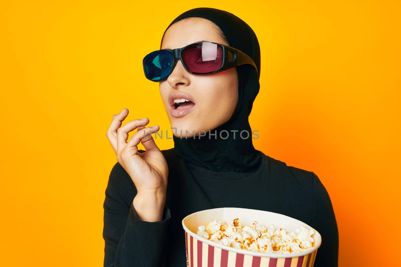 arab woman 3D glasses entertainment emotions ethnicity model. High quality photo