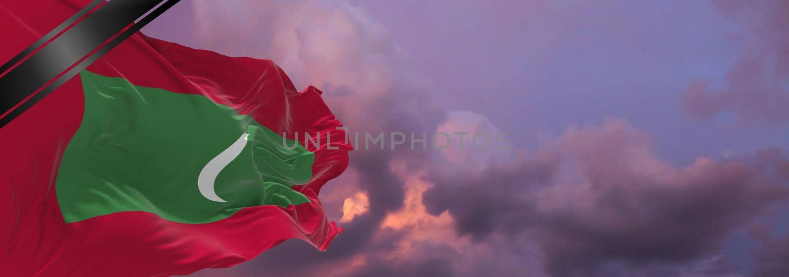 national flag of Maldives with Mourning Ribbon. memory of victims of war, terrorist attack, coronavirus. Black funeral ribbon on flag Honoring memory of victims. 3D illustration.