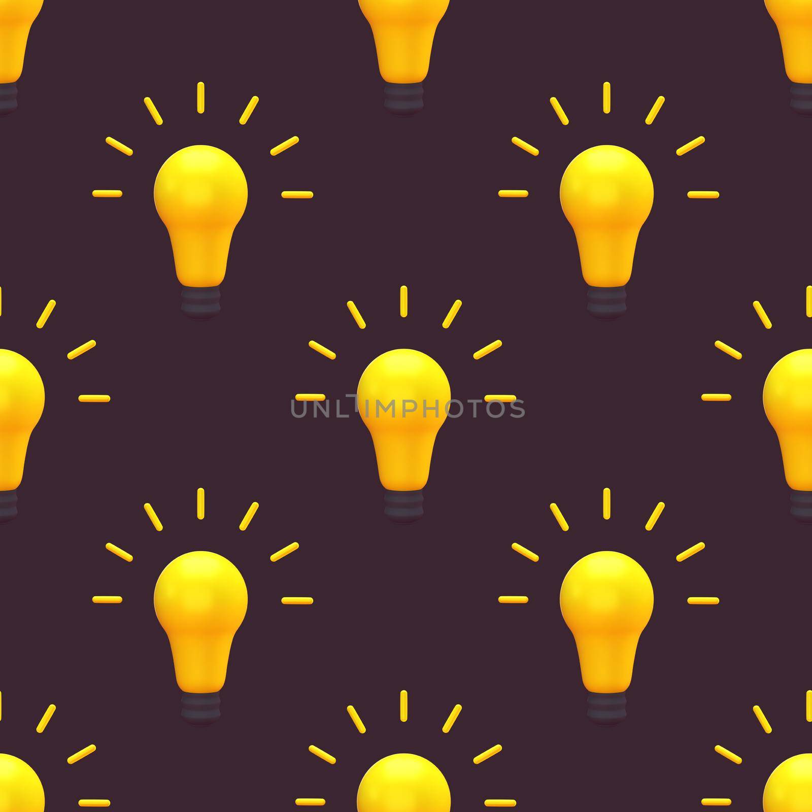 Light bulb idea seamless pattern creative concept. Minimal concept idea of yellow light bulb isolated on dark background. 3D rendering.