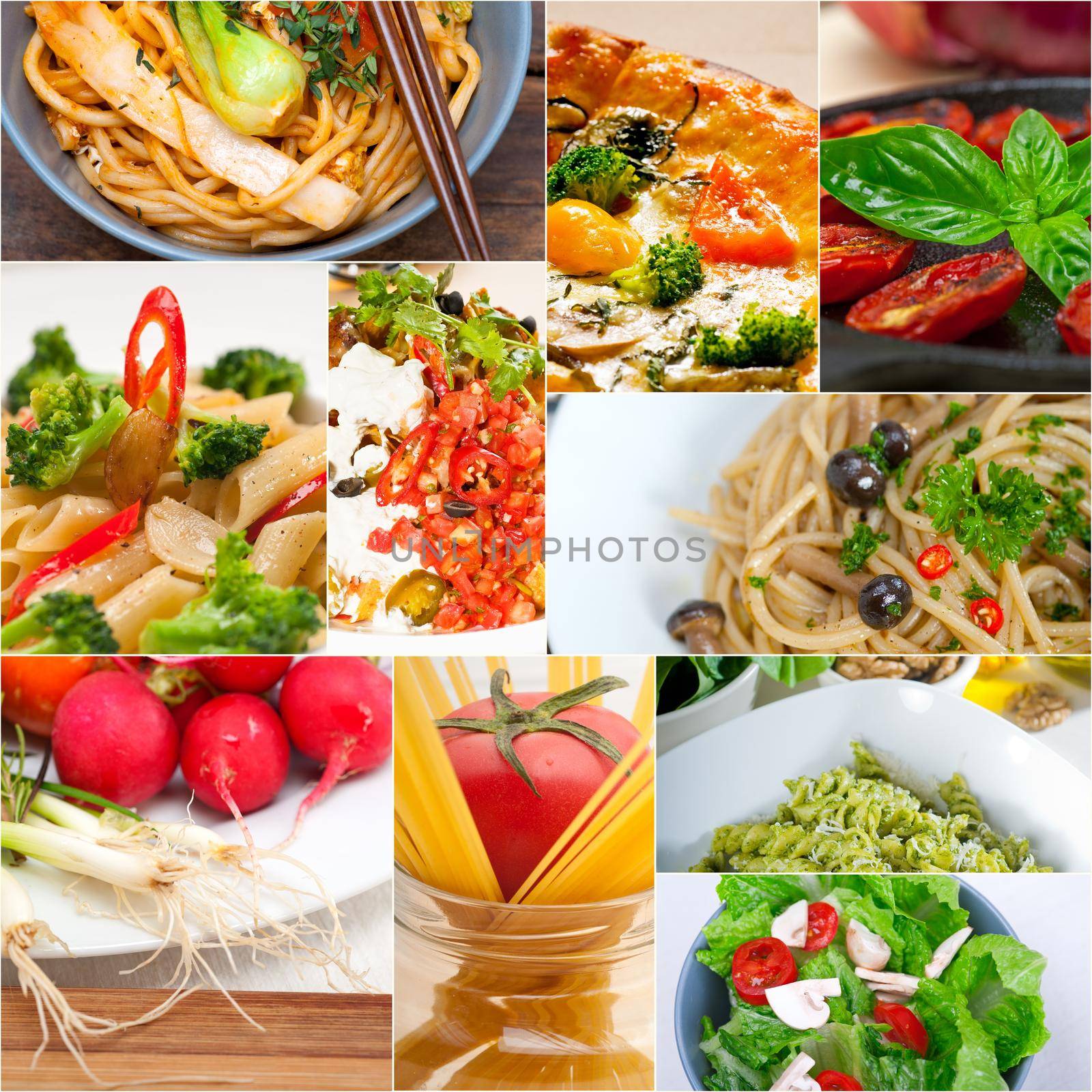 healthy Vegetarian vegan food collage nested on white frame