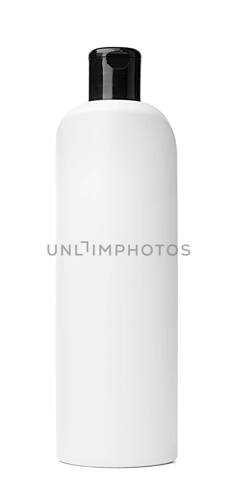 White plastic bottle of washing liquid isolated on white background, close up