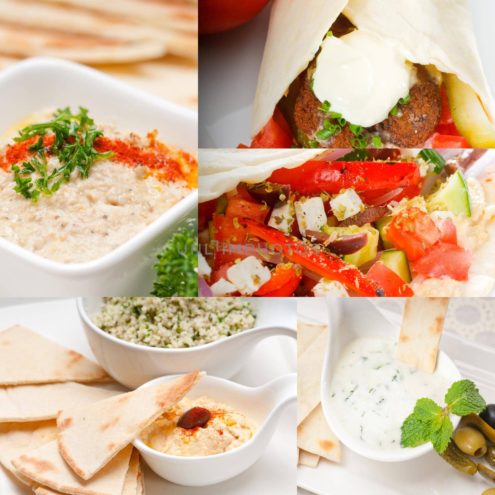 most popular Arab middle east food collection,hummus, falafel,mutabal,pita bread