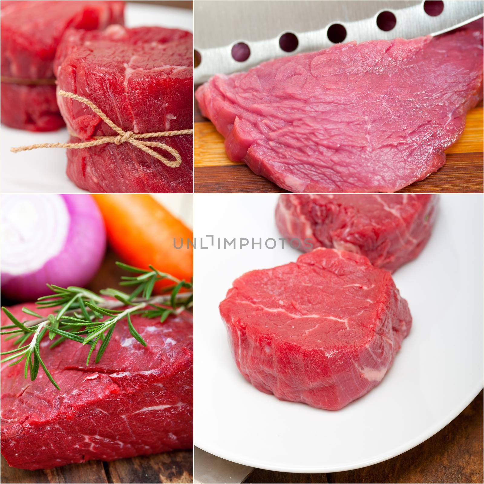 collection of different raw beef cuts collage white frame