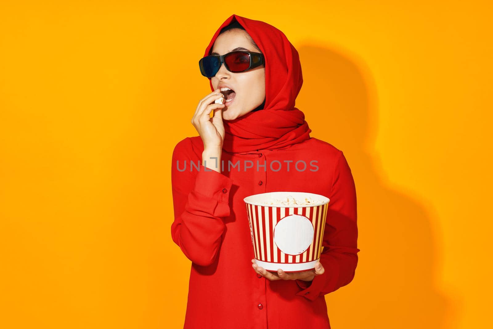 pretty woman 3d glasses technology watching movie popcorn yellow background by Vichizh