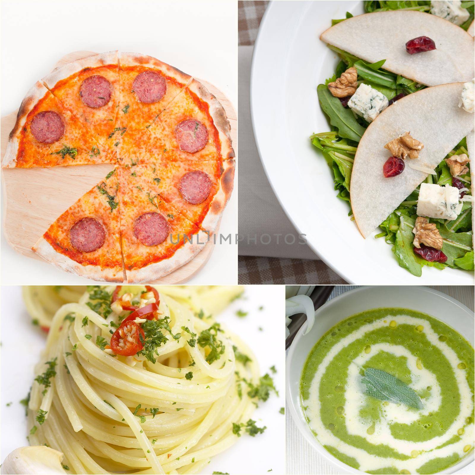 healthy vegetarian pasta soup salad pizza Italian food staples collage