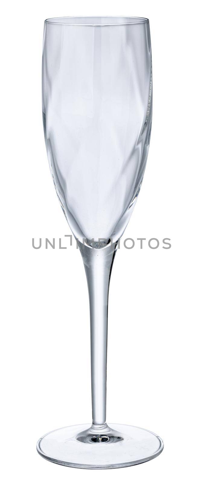 Empty champagne glass isolated on white background by Fabrikasimf