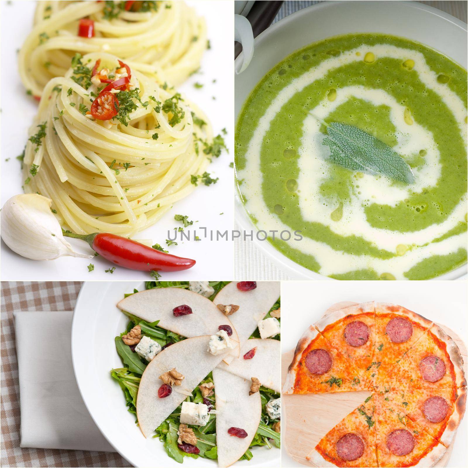 healthy vegetarian pasta soup salad pizza Italian food staples collage