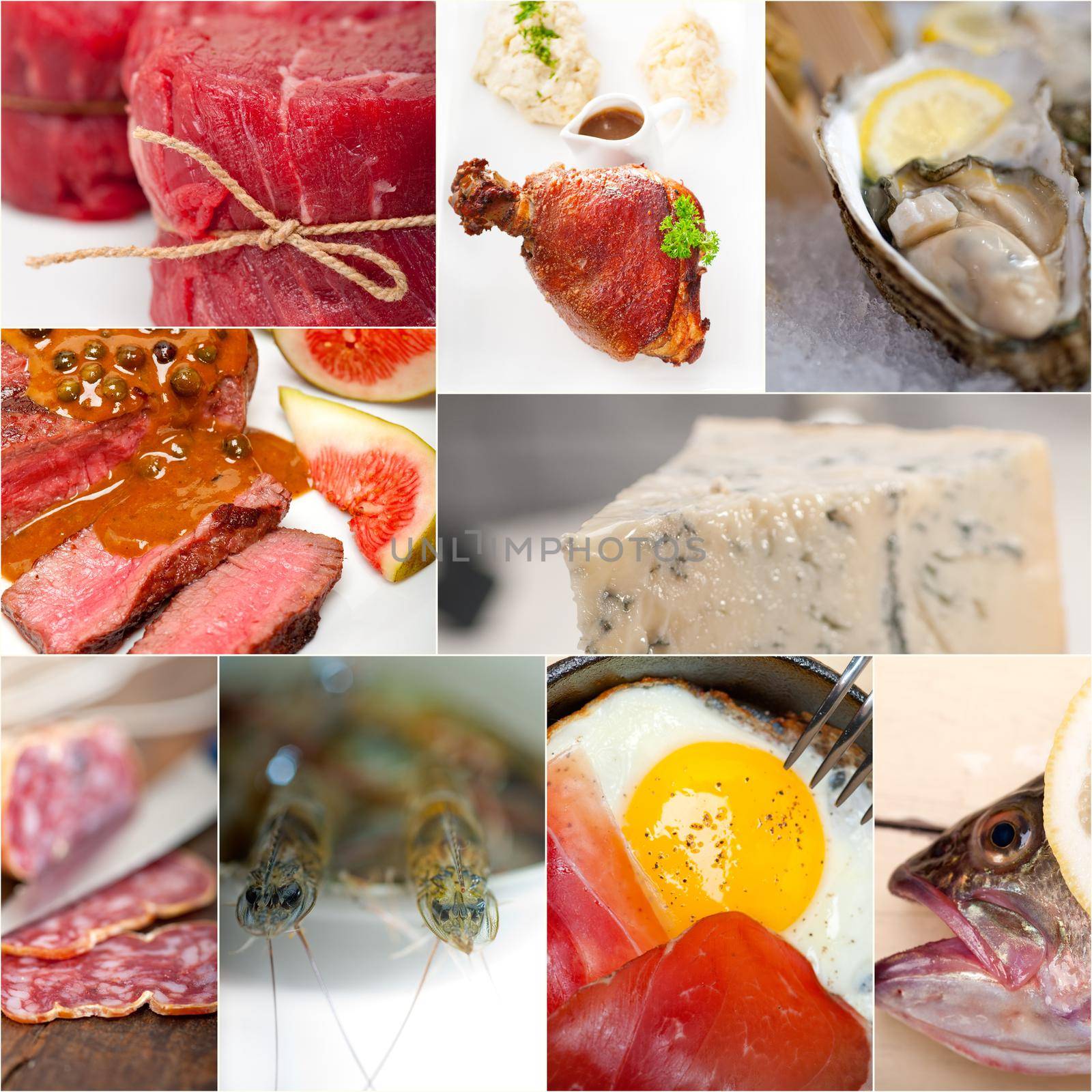 high protein food collection collage nested on white frame