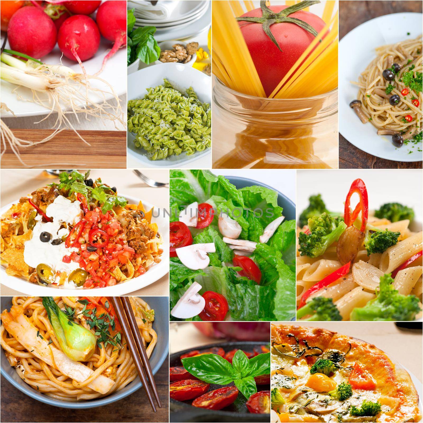 healthy Vegetarian vegan food collage nested on white frame