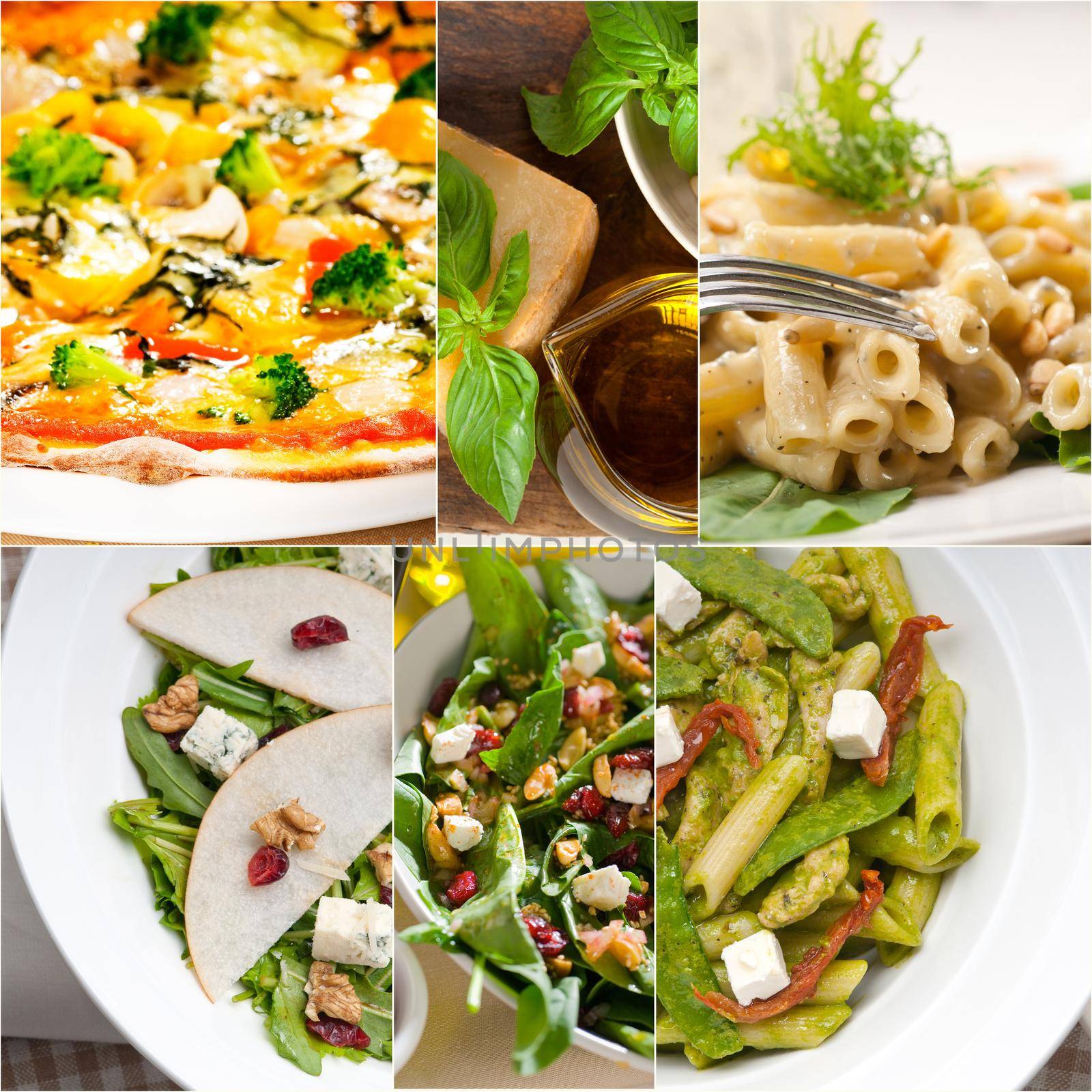 healthy vegetarian pasta soup salad pizza Italian food staples collage