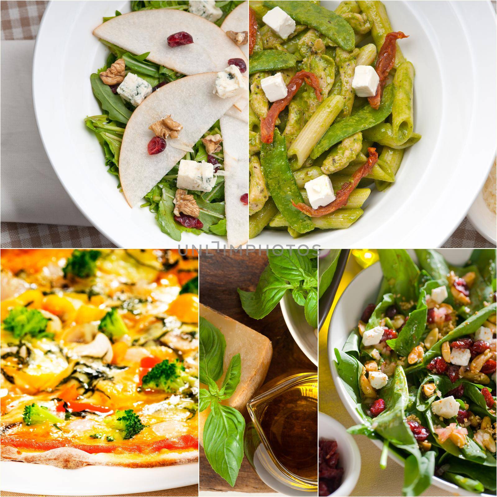 healthy vegetarian pasta soup salad pizza Italian food staples collage