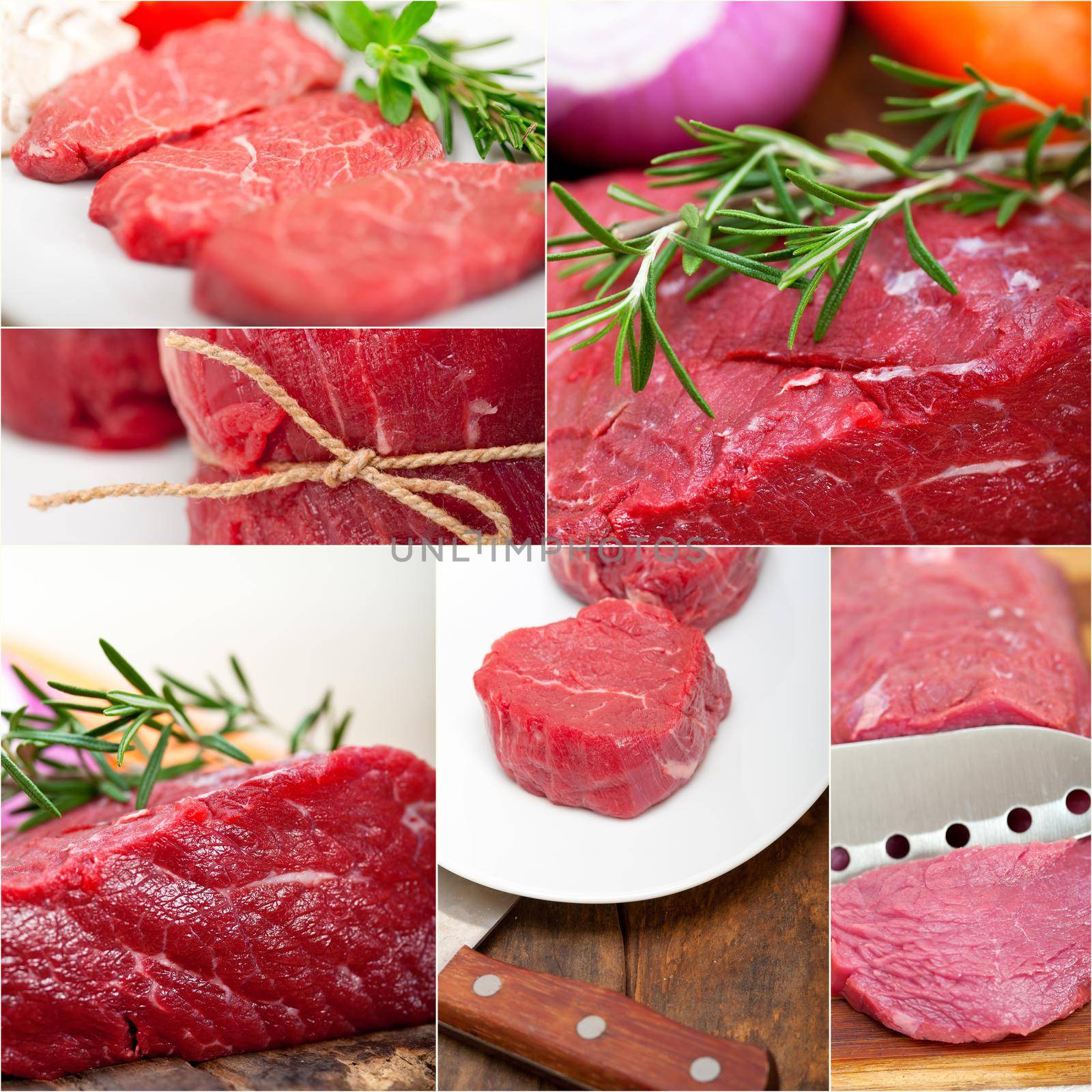 collection of different raw beef cuts collage white frame