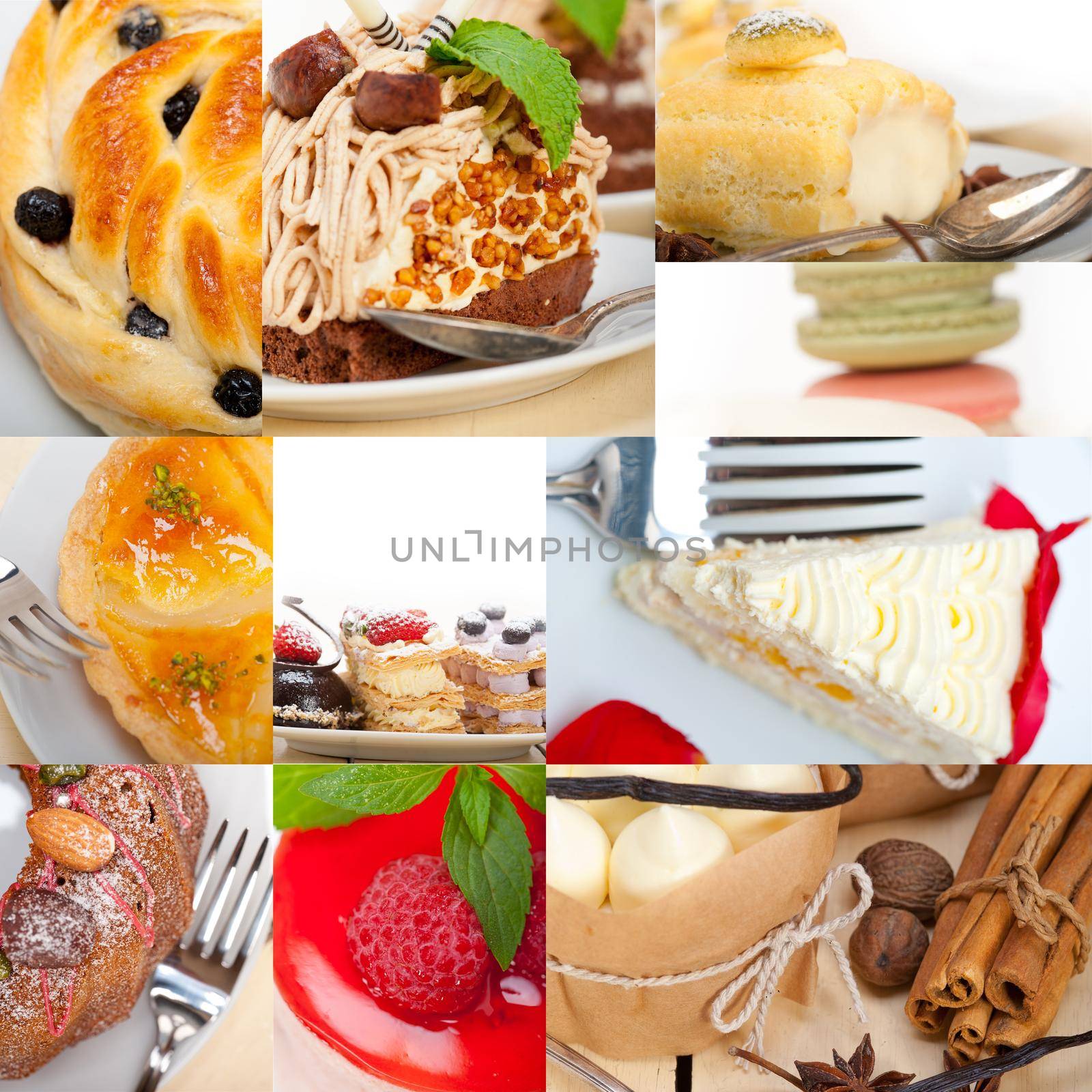 fresh colorful delicious homemade dessert cake selection composition collage 