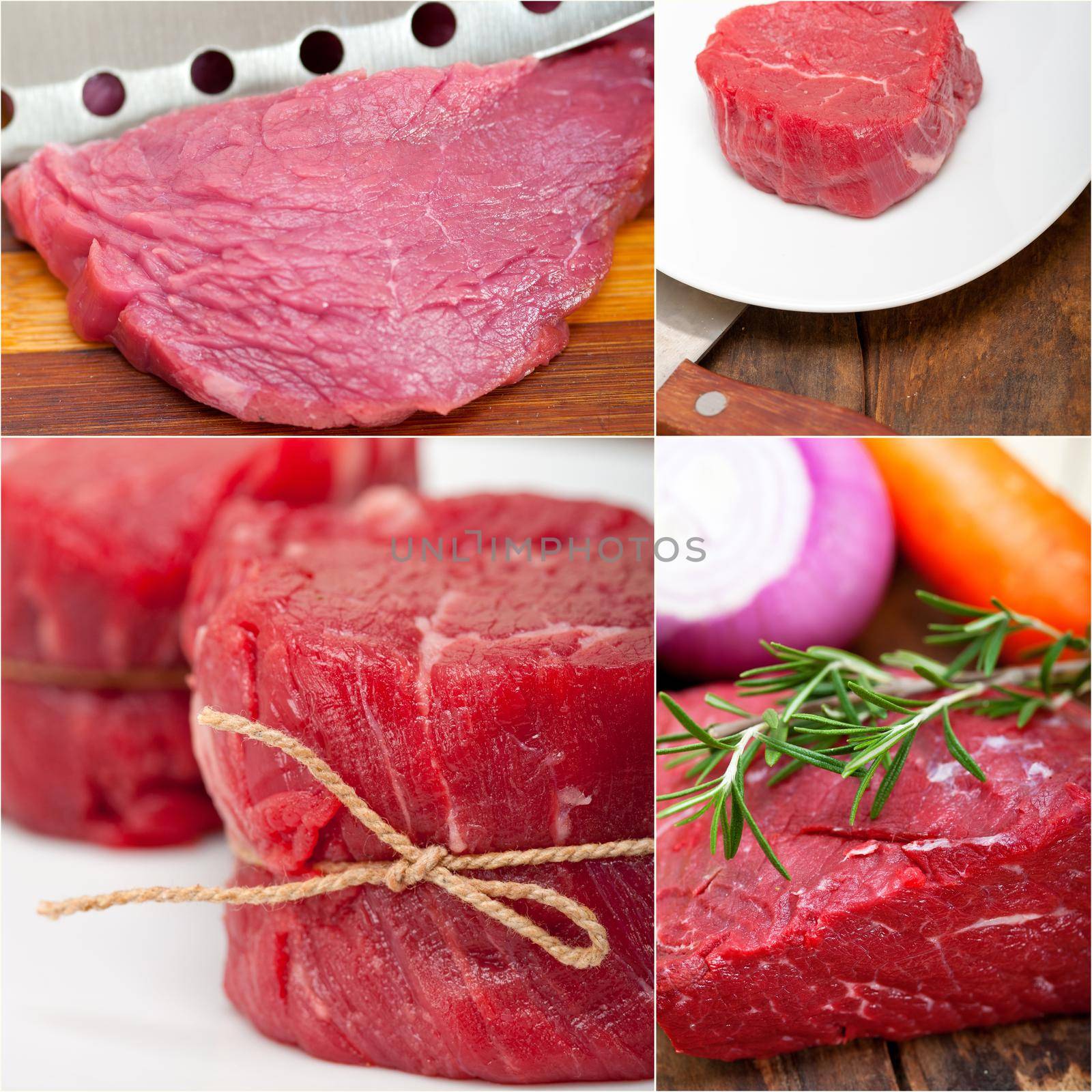 collection of different raw beef cuts collage white frame