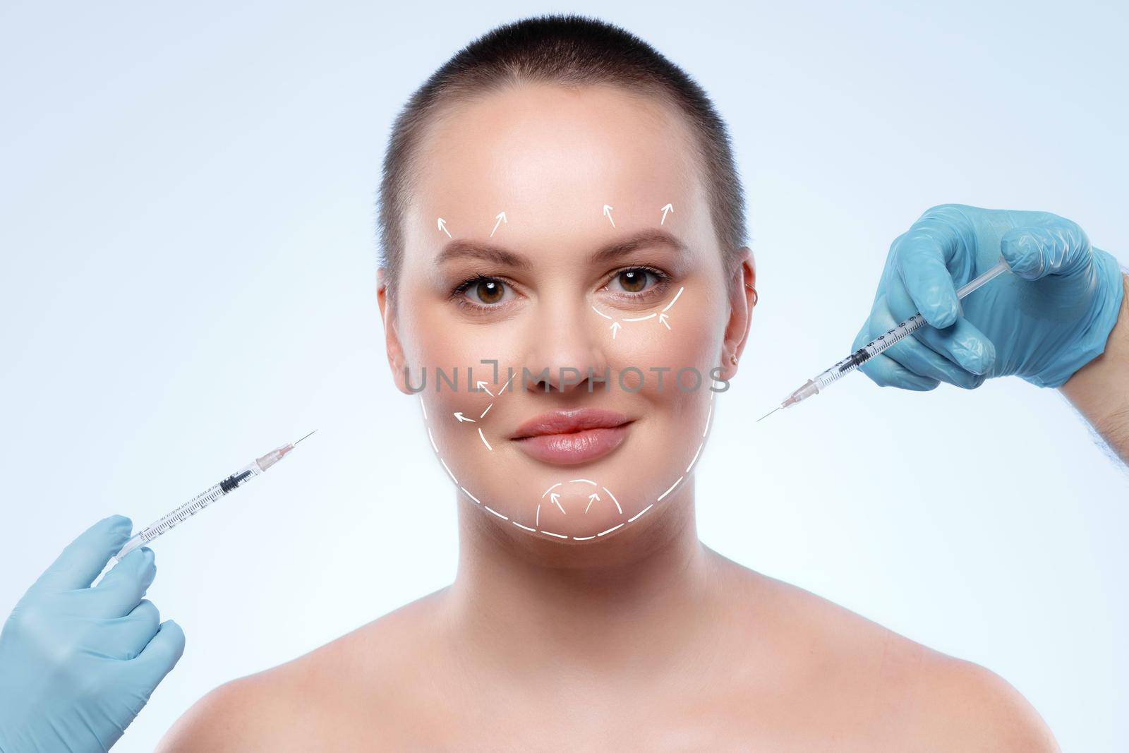 Portrait of attractive woman with arrows on her face skin by Fabrikasimf