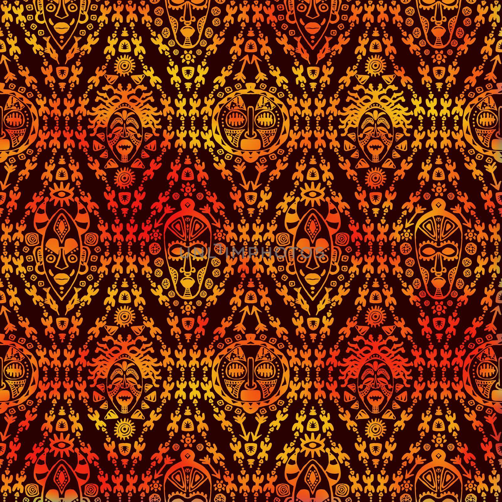 Hand drawn seamless pattern with Tribal mask ethnic. Sketch for your design, wallaper, textile, print. African culture. Fabric afro ornament. Coloful batik art. Watercolor orange on dark background. by DesignAB