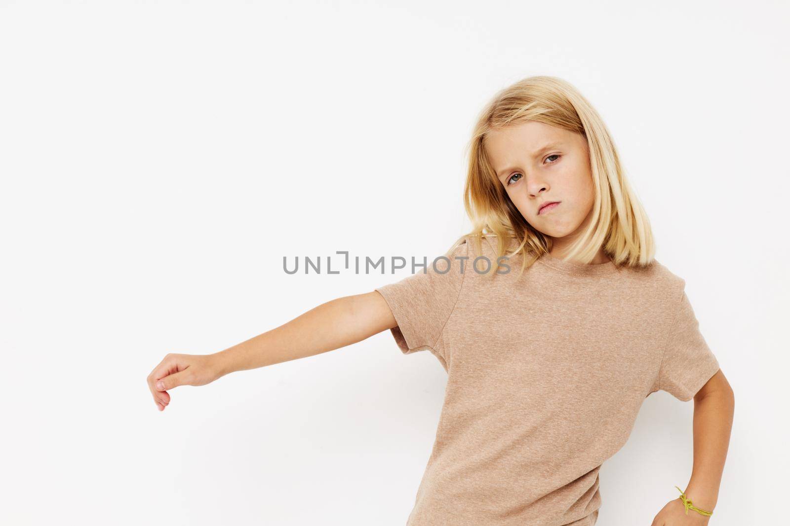 Little cute girl blank space for logo design isolated background. High quality photo