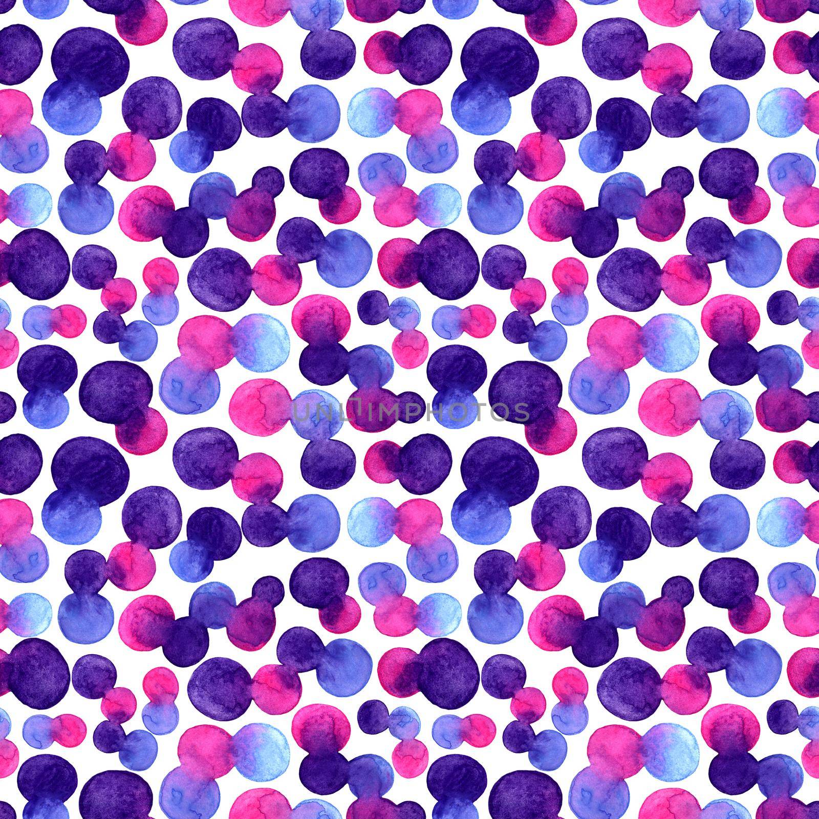 Watercolor bright spot blob seamless pattern. Violet, blue and pink color on white background. Art brush abstract painting. Hand drawing spots and circles. Unusual and teen design.