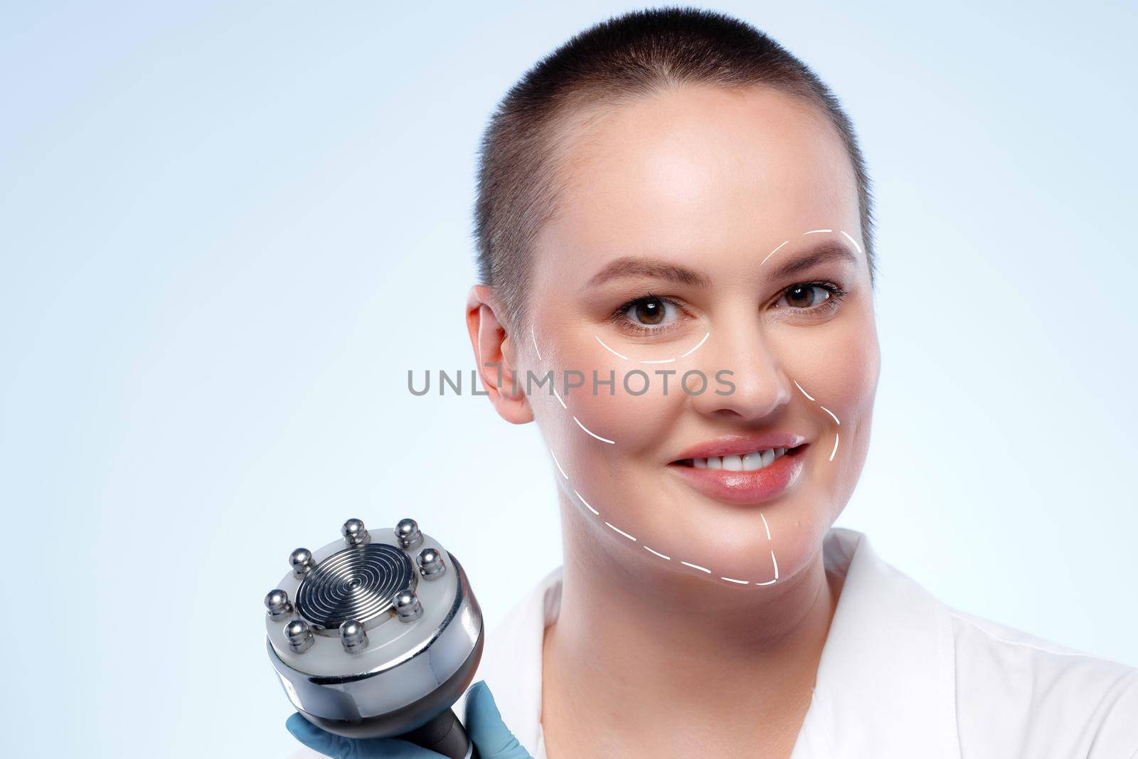 Portrait of attractive woman with arrows on her face skin for cosmetology