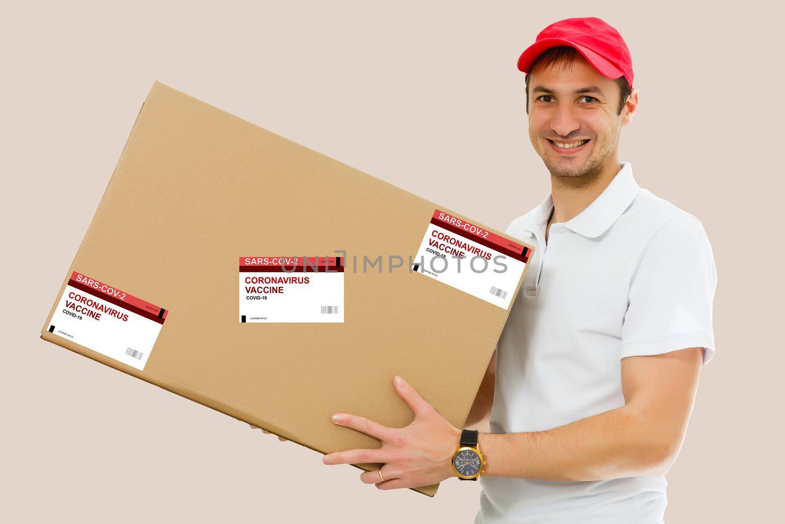 Man holds the vaccine box against white background by Andelov13