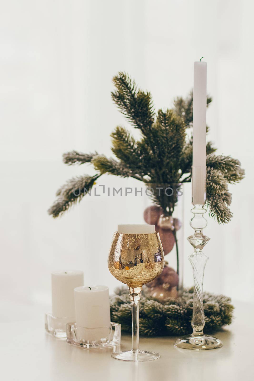 New Year's decorated house and the Christmas Tree in Scandinavian style. The kitchen table with candles atmosphere. by mmp1206