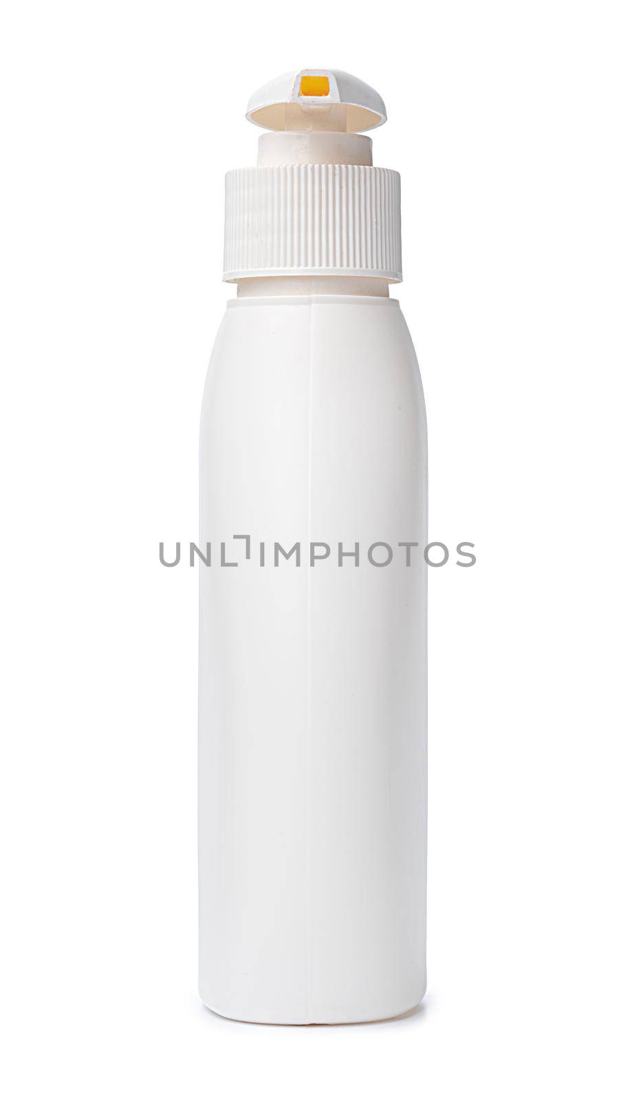 White plastic bottle of washing liquid isolated on white background, close up